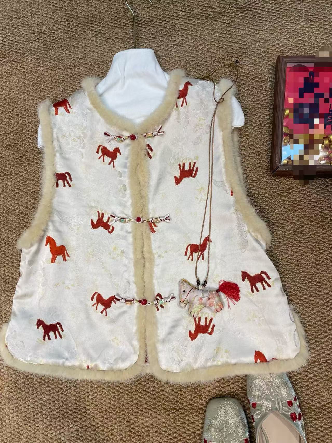 人丝拼真水貂毛棉服马甲新中式国风唐装棉袄背心无袖坎肩盘扣马夹