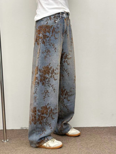 植绒提花弯刀裤2025年新款印花窄版阔腿牛仔裤女高腰今年直筒裤