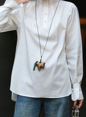 简约高级感纯白色珍珠扣棉衬衣新中式国风圆领盘扣气质外套上衣女