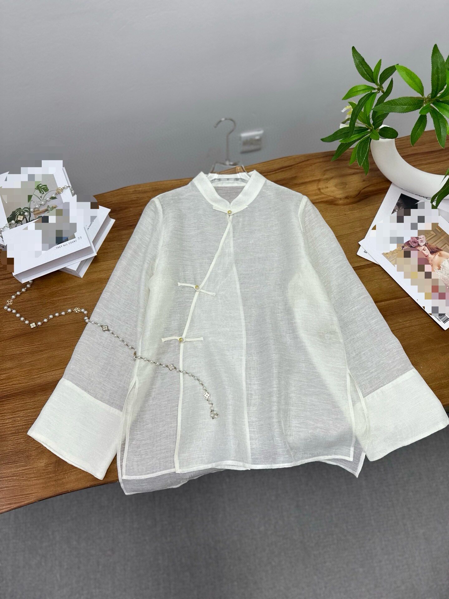 天丝麻小立领斜襟上衣亚麻新中式国风白色立领长袖衬衫女减龄上衣
