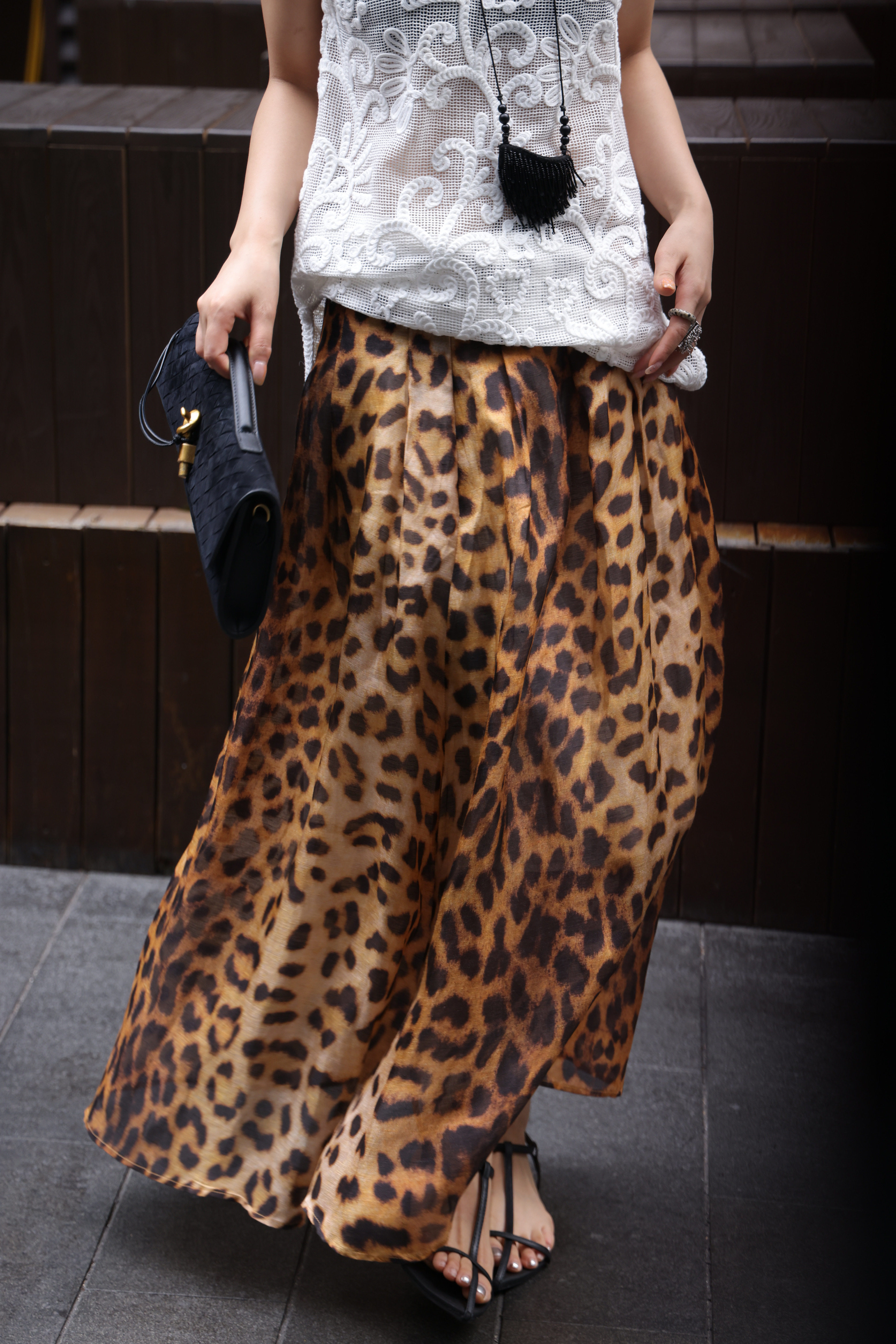 真丝亚麻豹纹印花轻盈A字叠褶伞裙连腰一体式显瘦半裙时尚气质