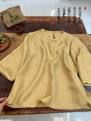 桑蚕丝正绢织金上衣百搭宽松盘扣提花真丝醋酸缎面衬衫国风上衣