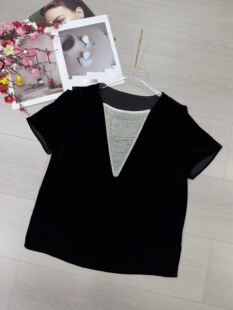 黑色V领链条拼接装饰高级感真丝丝绒短袖上衣衬衫显瘦V领串珠上衣