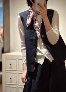 老钱风V领马甲阔腿裤两件套色织亚麻上衣新中式国风圆领重工上衣