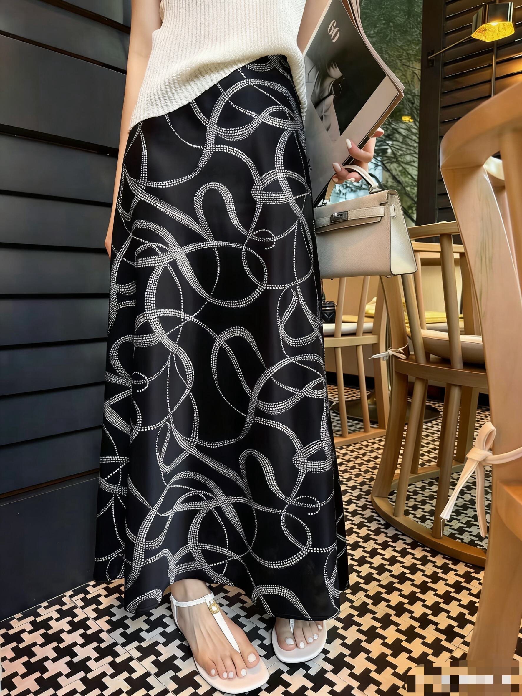 不规则圆点线条松紧腰半身裙新中式国风松紧腰显瘦半身裙中长半裙