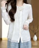 上衣女中长衬衫 上衣新中式 国风圆领重工刺绣花长袖