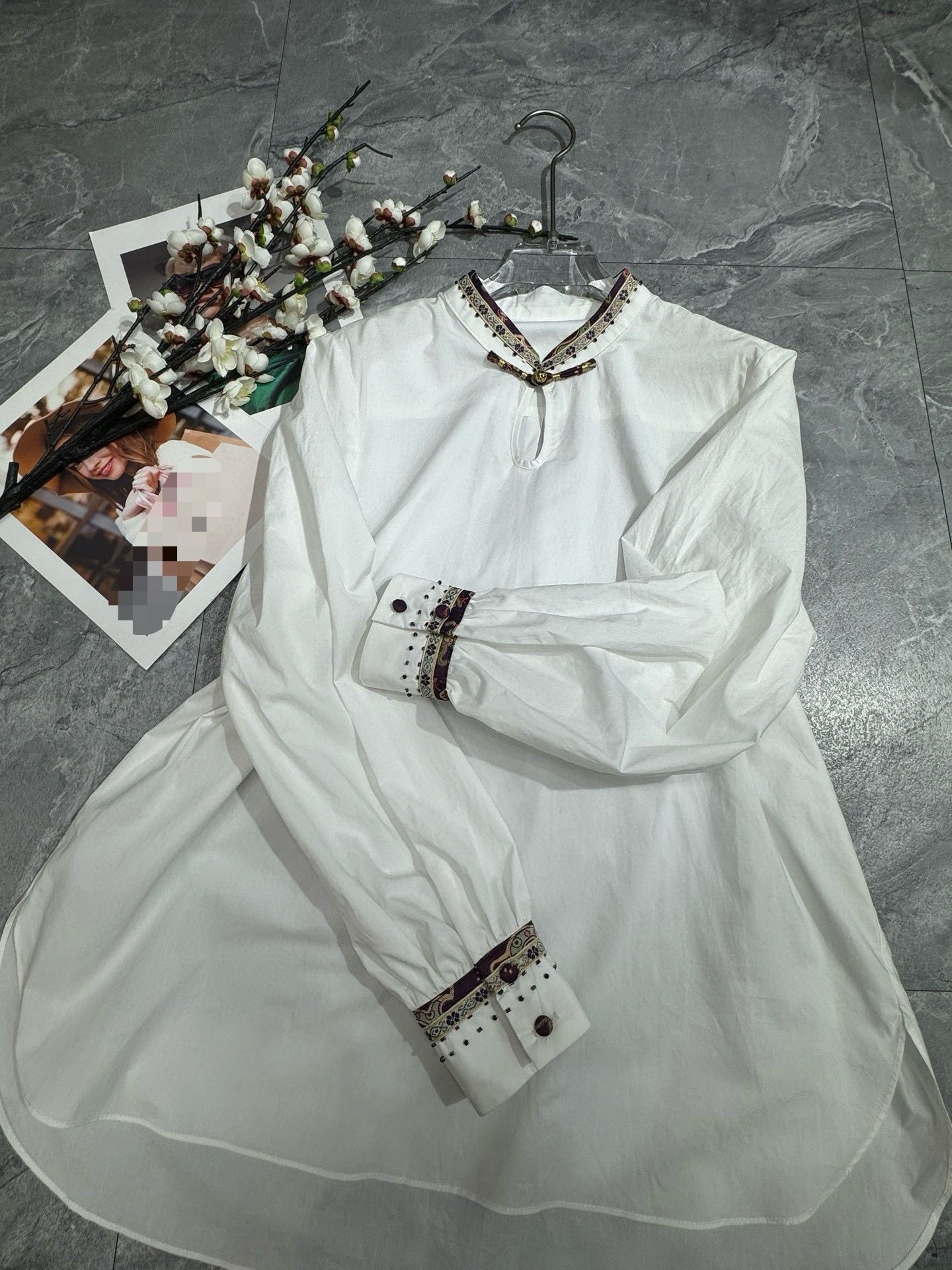 手工穿珠衬衫拼接木耳边新中式国风圆领盘扣气质衬女上衣女