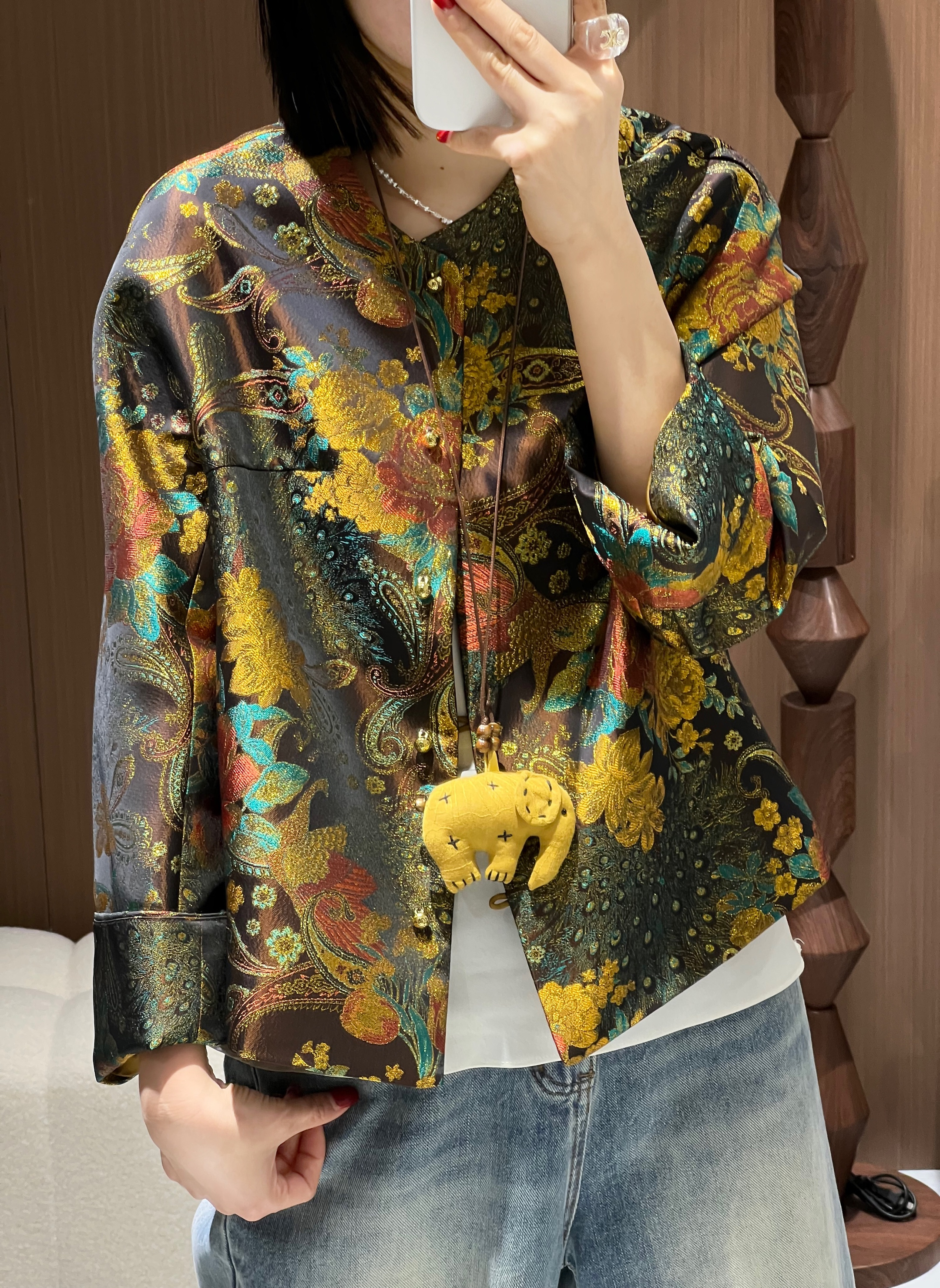 人丝香云纱提花上衣袖口重工艺定位法绣珠片新中式宽松短外套女