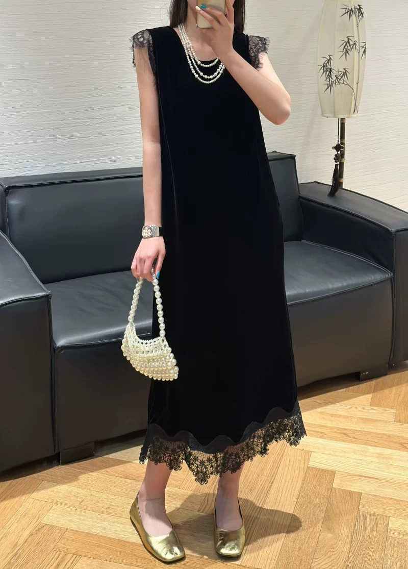 蕾丝拼接真丝丝绒连衣裙新中式国风圆领盘扣提花上衣时尚气质优雅