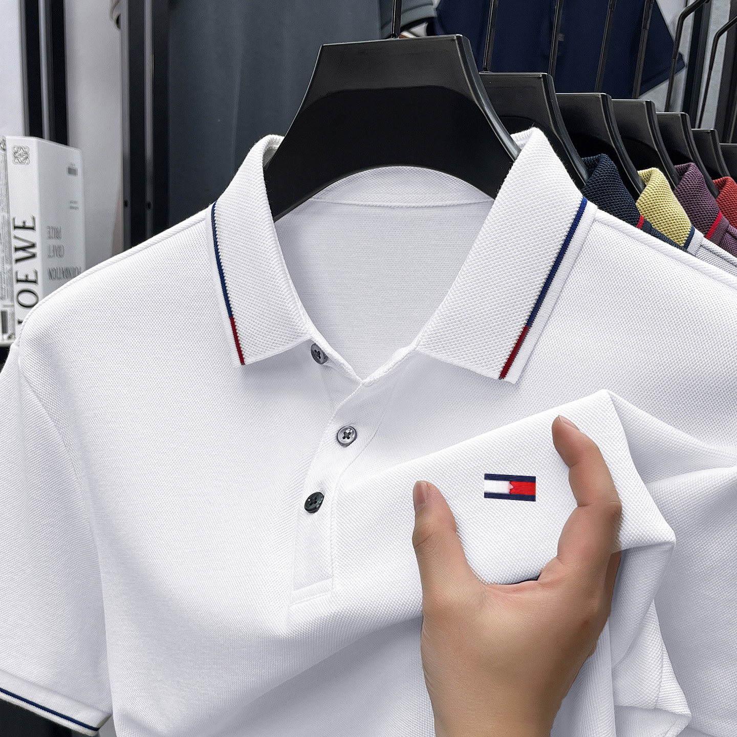 美国汤米纯色男士短袖翻领POLO衫 珠地棉商务锈花T恤男中青年上衣