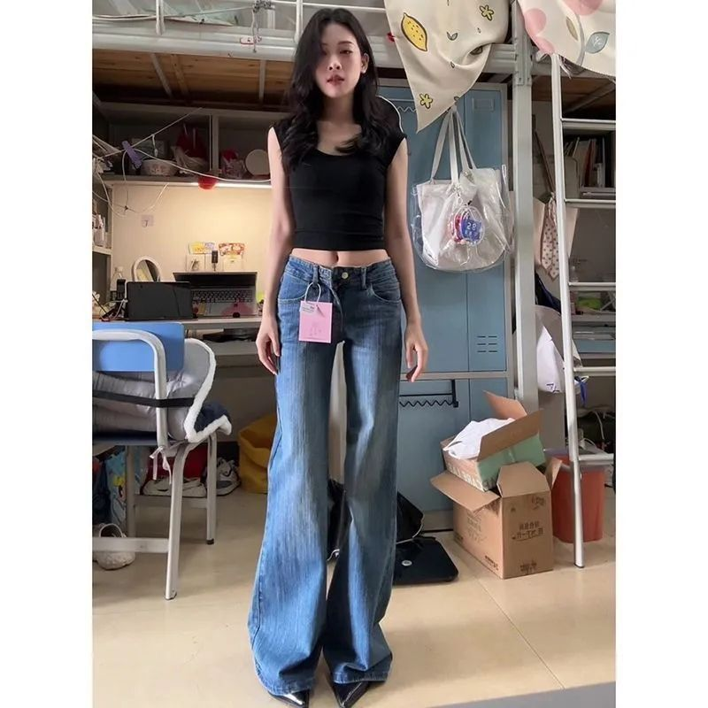 竹节纹百搭宽松微喇牛仔裤女低腰秋季不贴腿阔腿粗腿显细喇叭长裤