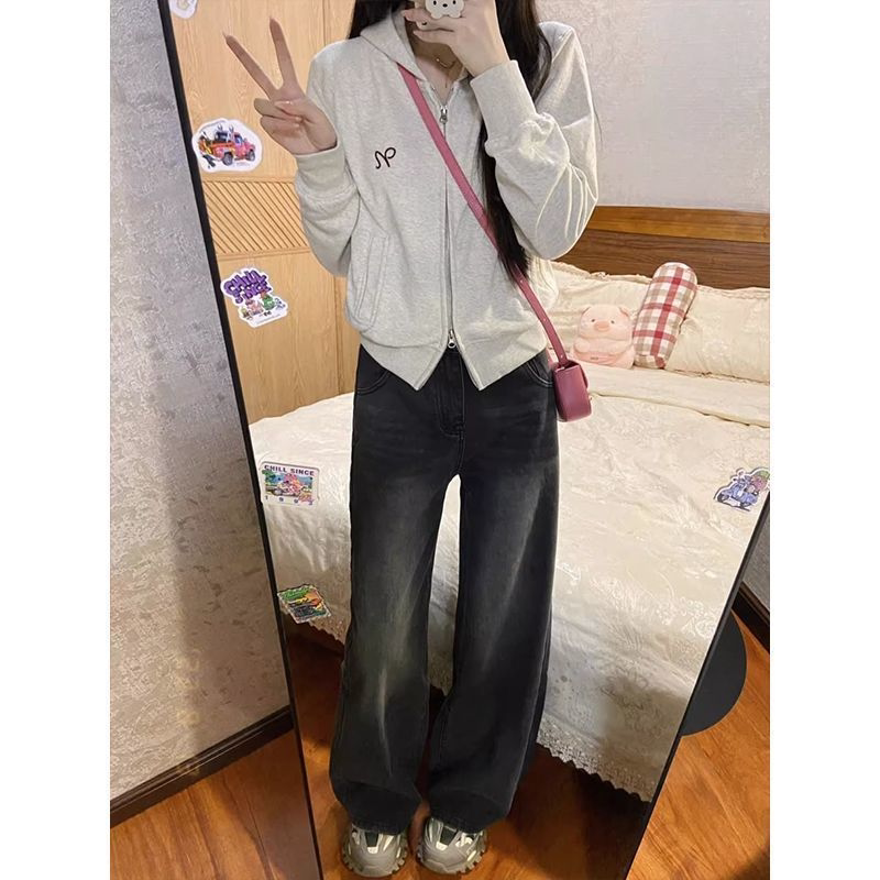 百搭宽松深灰色牛仔裤女复古辣妹牛仔裤
