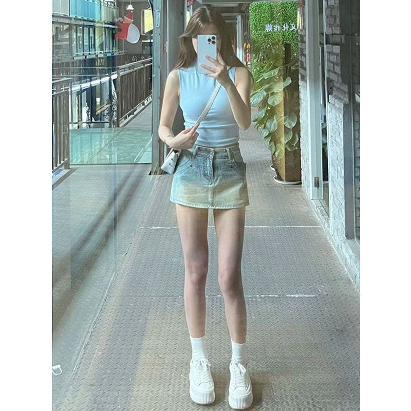 浅蓝色高腰牛仔半身裙女夏季防走半身裙