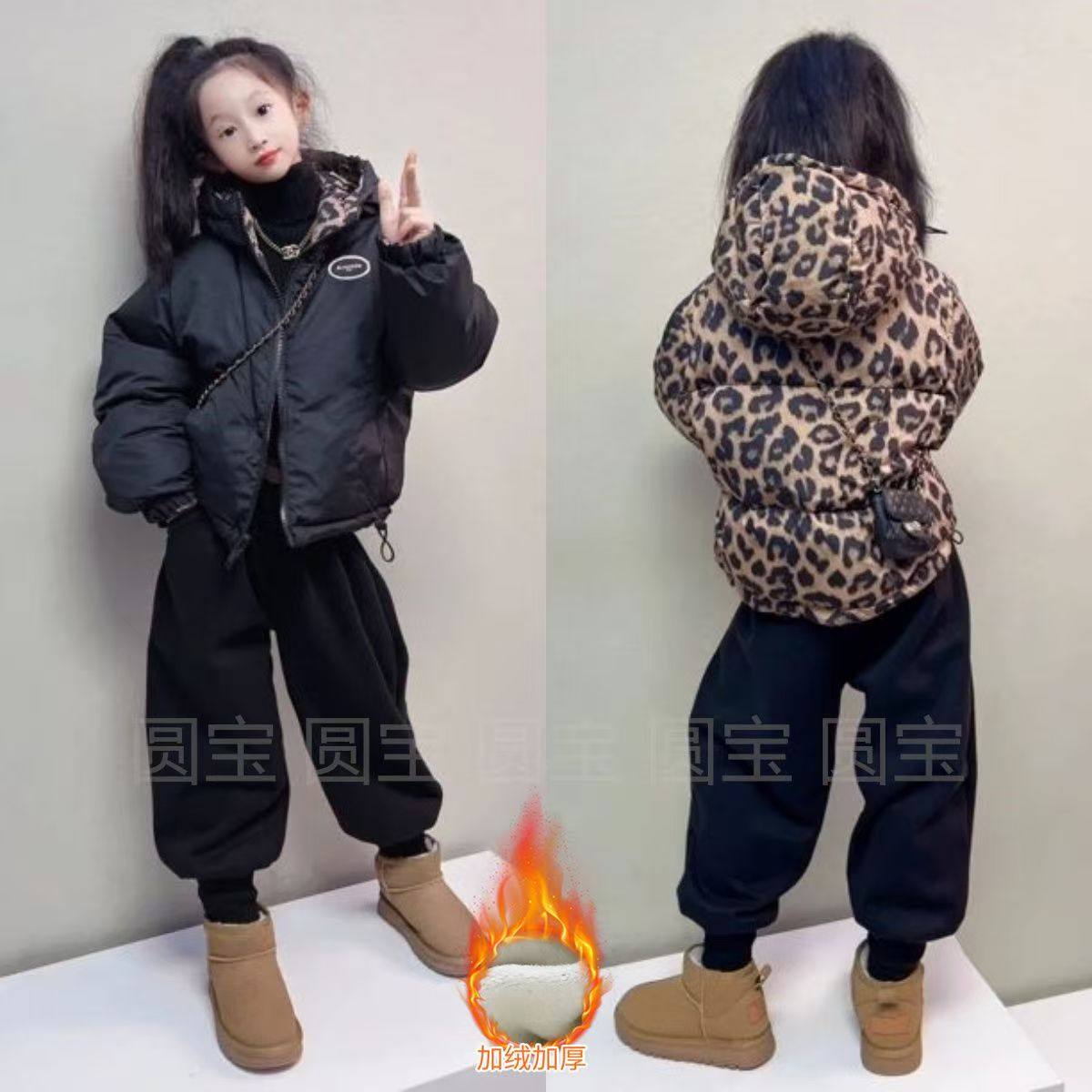 女童爆款豹纹两面穿棉服2025新款时尚洋气连帽面包服保暖外套