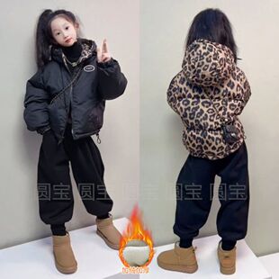 女童爆款豹纹两面穿棉服2025新款时尚洋气连帽面包服保暖外套