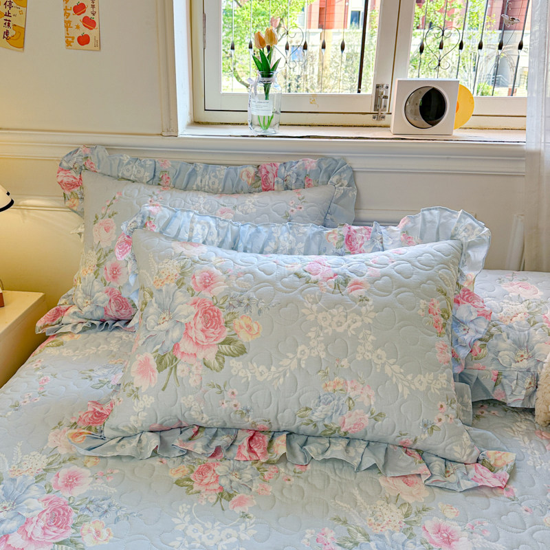 全棉夹棉加厚枕套田园风纯棉荷叶花边枕头套48x74cm一对装枕芯罩