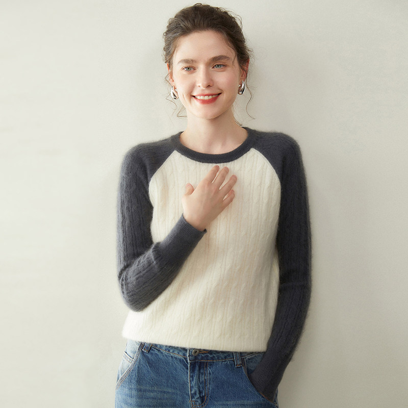 美拉德氛围撞色插肩圆领麻花山羊绒女秋冬季2025新款毛衣打底衫49