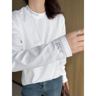 T恤圆领休闲上衣女 百搭吸睛领口字母刺绣白色长袖 福利 人手BI入