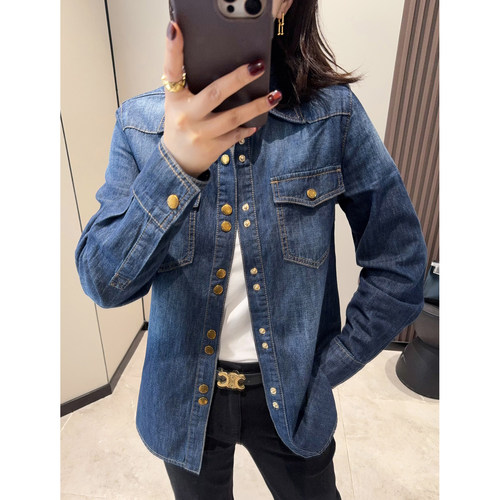 日常刚需!土耳其软牛仔 时髦显瘦单排金扣叠穿翻领长袖牛仔衬衫女
