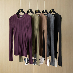 JCLP精纯 简约百搭针桃孔镂空美丽诺羊毛修身坑条长袖打底衫上衣