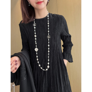 连衣裙法式 进口醋酸鱼尾拼接九分袖 小黑裙 褶皱肌理 轻奢高级感