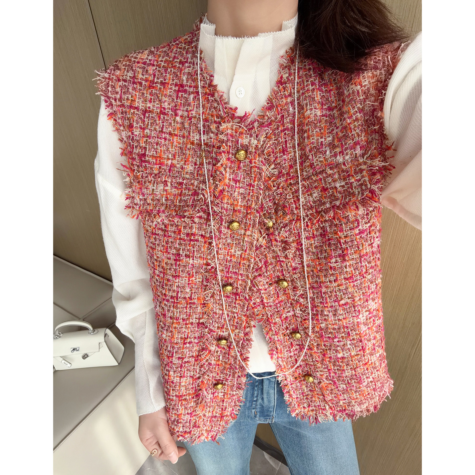 轻奢高级感 显白桔色系 时尚双排金属扣流苏边小香风马甲坎肩外搭,女装/女士精品,马夹,淘宝优惠券,粉丝福利购,淘宝优惠卷