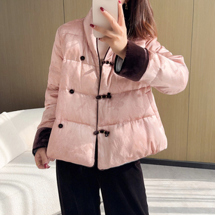 气质国潮风！撞色袖口90白鹅绒醋酸提花小立领新中式短款羽绒服女