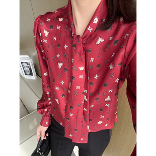 上衣 字母小马印花真丝斜纹绸新年红飘带桑蚕丝衬衫 Max 早春新款