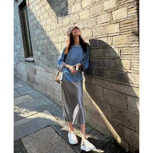 清冷高级！倪妮同款雾蓝色暗纹提花新中式真丝上衣+醋酸半身裙女
