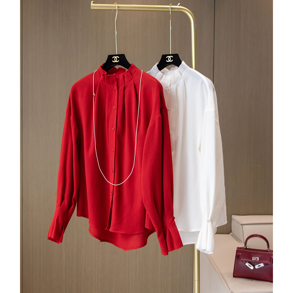 法式宫廷气质 羊毛+羊绒压褶花边立领斜纹长袖衬衫木耳边打底上衣