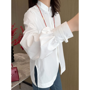 衬衫 白色棉质长袖 上衣 舒适匹马棉珍珠扣小立领新中式 极简老钱风
