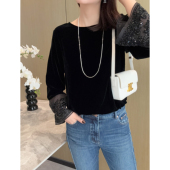 仙美精致 钉珠喇叭袖 真丝丝绒新中式 轻奢高级感 圆领打底上衣衬衫