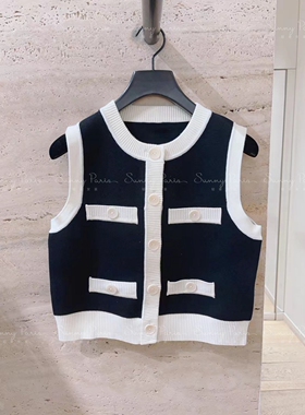 24春夏S法式小香风撞色边圆领无袖背心针织衫