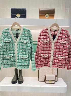 23新款mj*法式小香风粗花呢格纹羊毛针织开衫外套