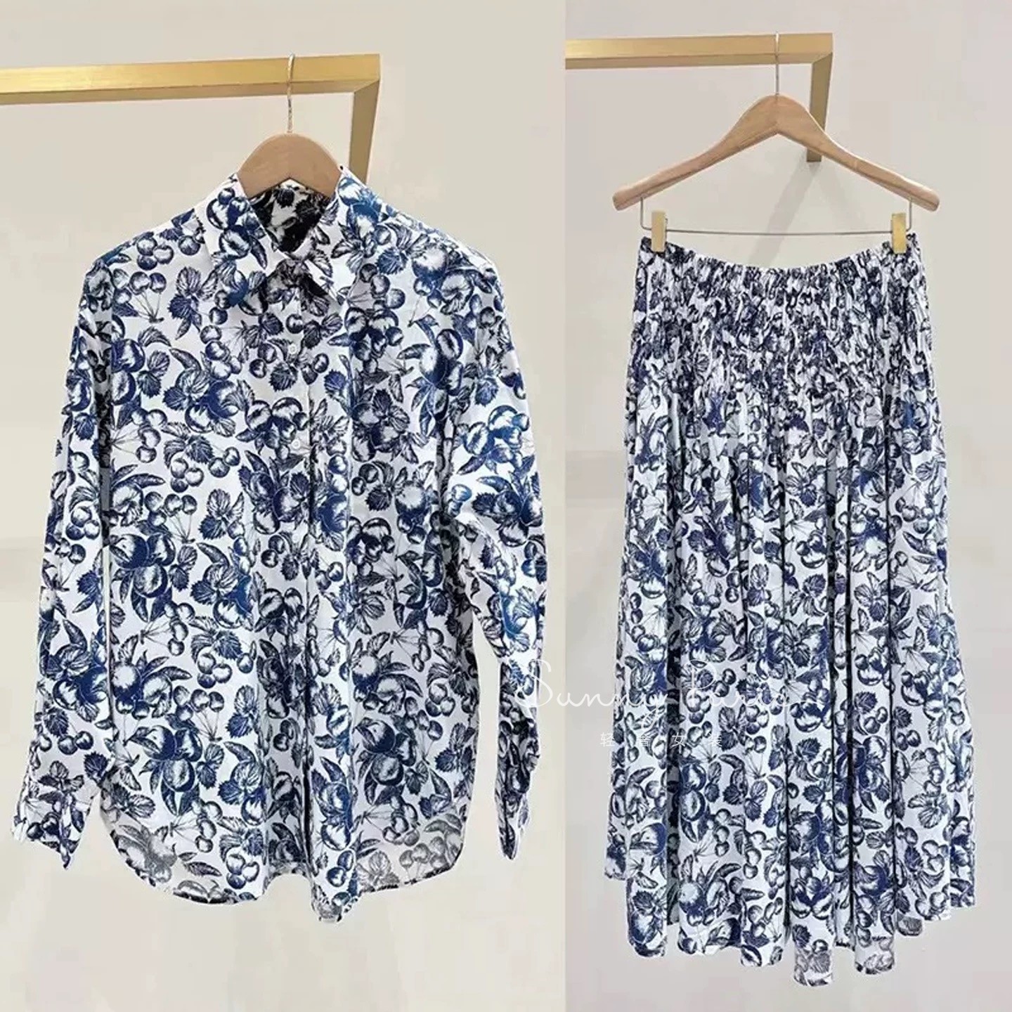 25秋冬M@je法式青瓷印花纯棉长袖衬衫上衣+背心+半身裙MFPC***666