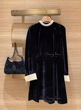 23秋冬SD法式新款珍珠领口丝绒泡泡袖修身连衣裙女SFPRO03338