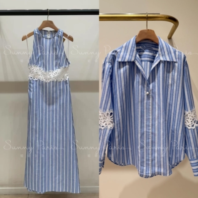 25春夏S法式甜美蕾丝花露背条纹修身连衣裙+衬衫