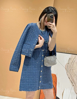 24春夏S法式小香风粗花呢牛仔蓝短款连衣裙外套