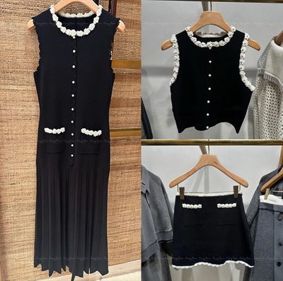 25春夏S法式立体花朵花边针织连衣裙+上衣+半裙