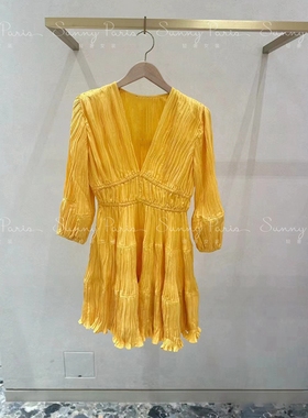 24春夏M@je法式甜美七分泡泡袖荷叶边V领高腰短连衣裙MFPRO03458