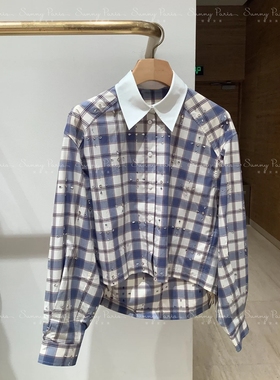 24秋冬S@NDRO法式通勤闪闪钻饰撞色翻领短格纹衬衫上衣SFPCM01174