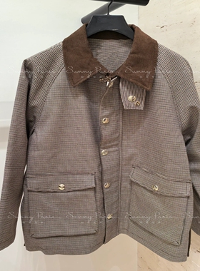 24秋冬S法式英伦千鸟格纹撞色方领单排扣夹克外套