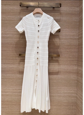 26春夏新款sd法式时尚小香风镂空钩花针织百褶中长连衣裙2色