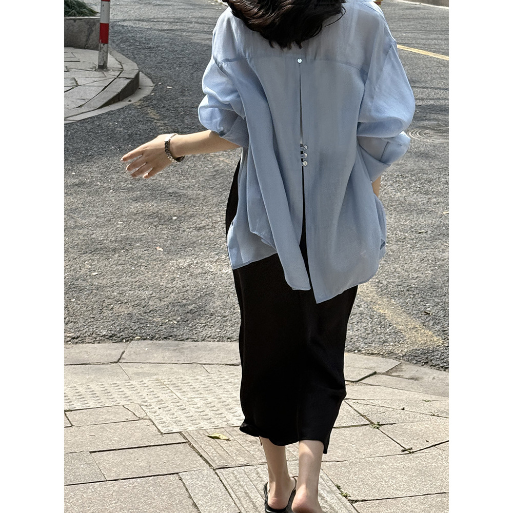 AWIER艾薇儿言双 法式后背开叉天丝防晒衬衫女夏季新款薄款外搭