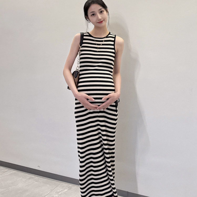 孕妇法式条纹撞色连衣裙