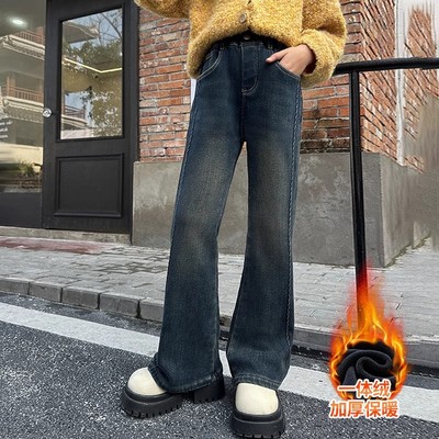 女童加绒喇叭裤秋冬新款中大童弹力阔腿裤微喇裤一体绒儿童裤子