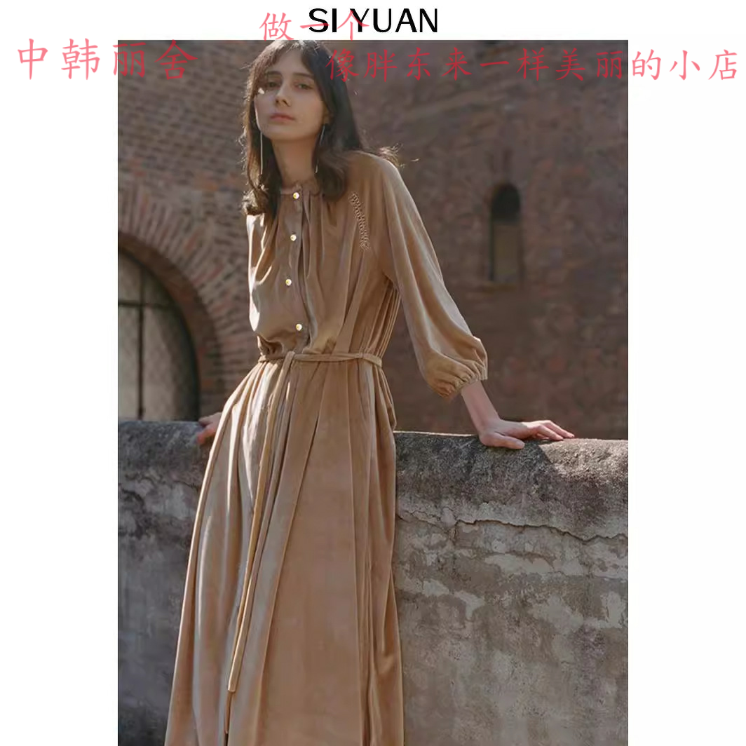 【反季促销】新款 【插肩褶皱真丝丝绒连衣裙抽绳系带捏褶玉扣中
