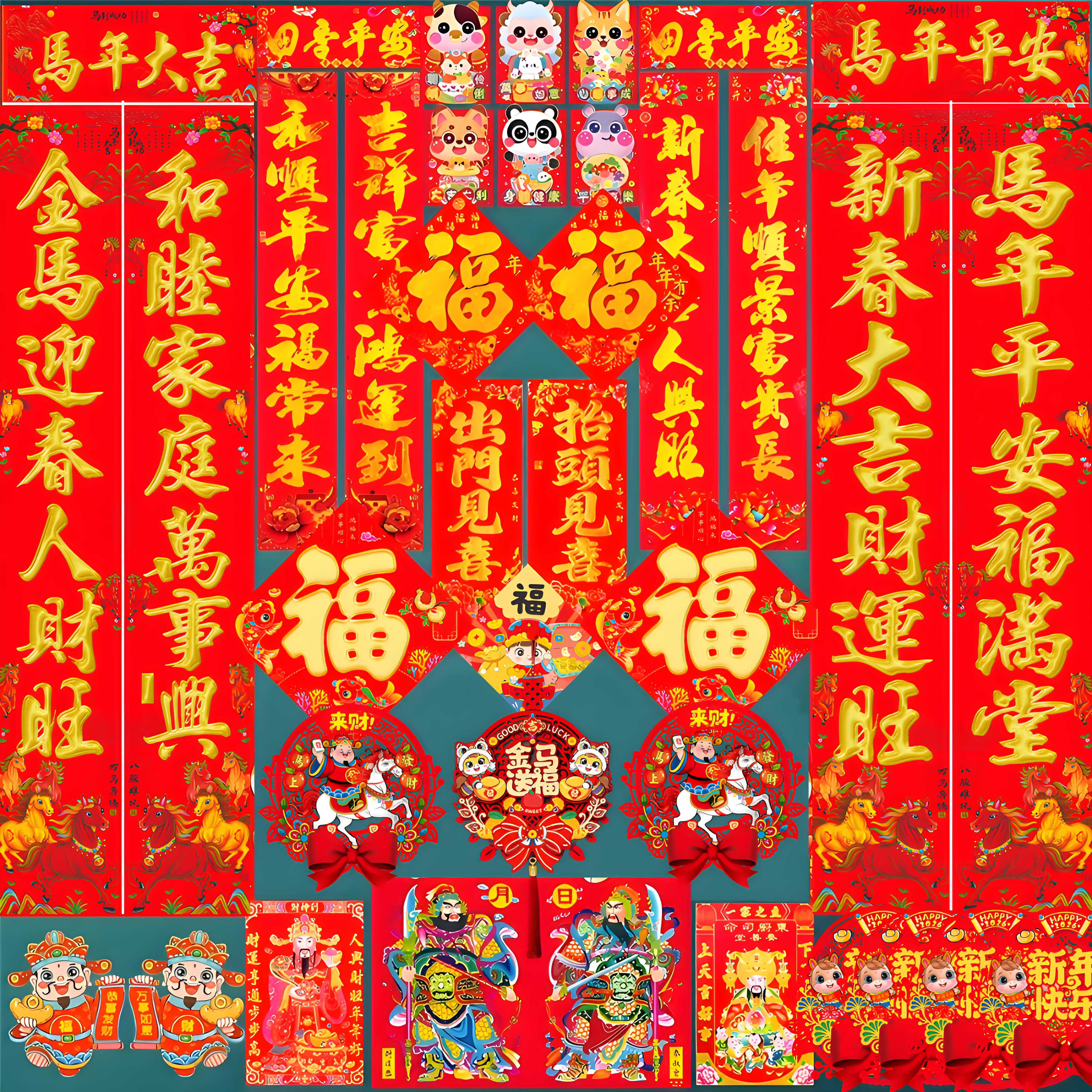 2026马年卡通植绒面对联春联大礼包新年福字门神财神高档福利套装