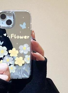 ins风黄蓝色小花适用三星s24fe手机壳镜面s23ultra可爱s22+高级s21创意note20新款a54a55a53个性a16a15防摔