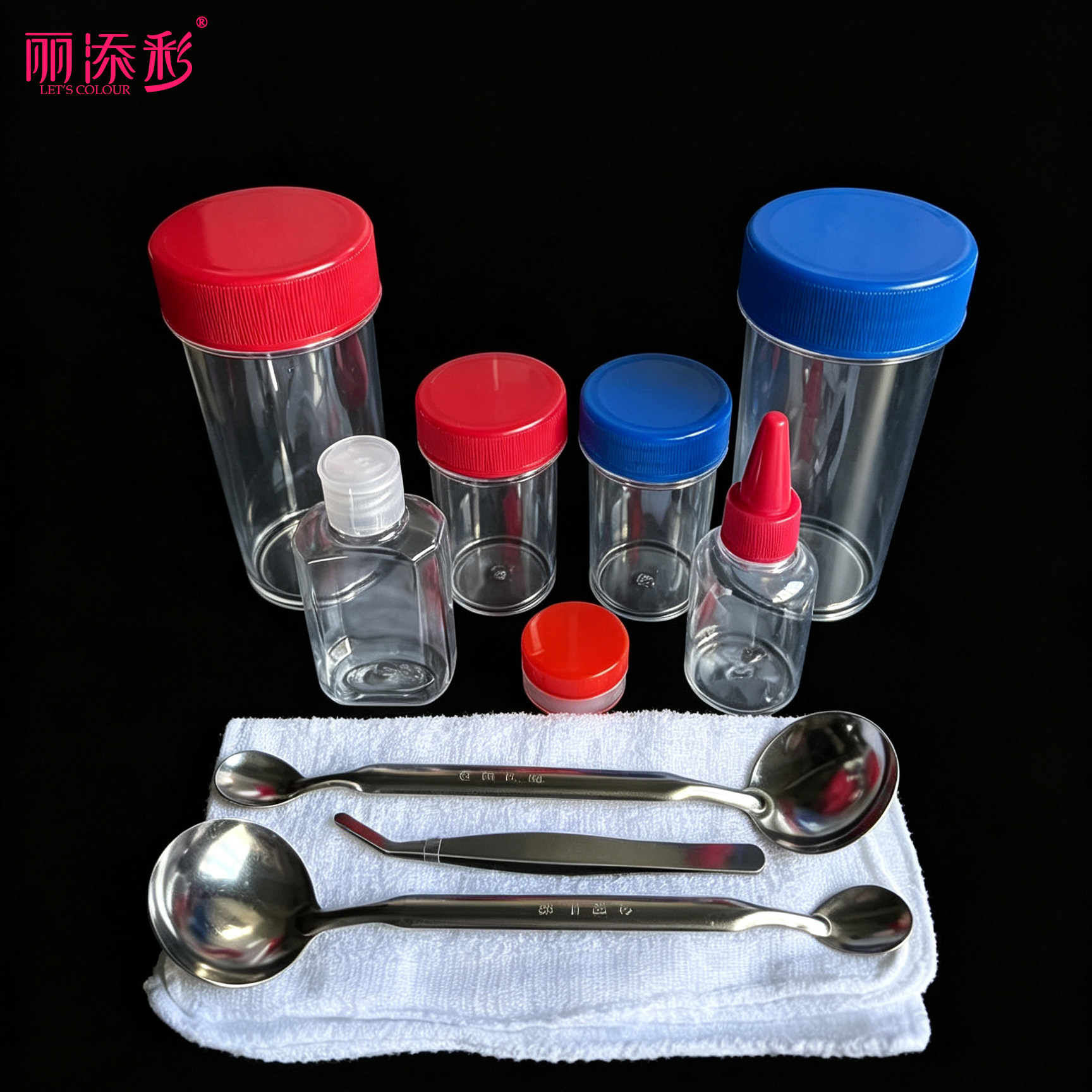 产品示范工具红蓝套杯摇摇杯示范演示杯耐摔带刻度杯子双头勺毛巾